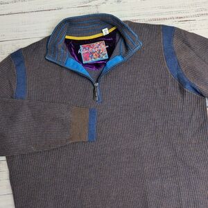 Robert Graham 100% Wool Pullover Sweater Size Medium Brown And Blue 1/4 Zip